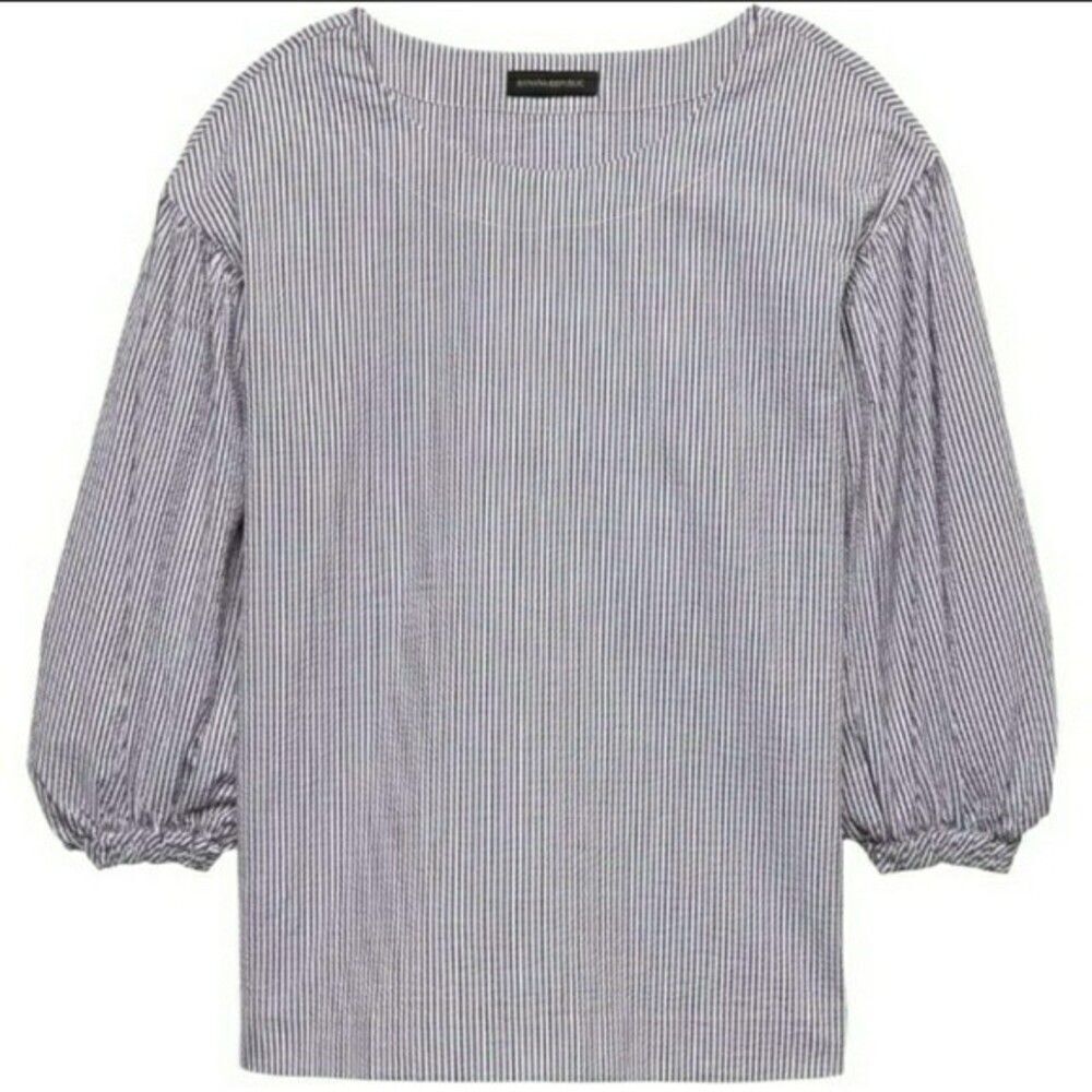 banana republic xs seersucker balloon sleeve navy blouse shirt striped top